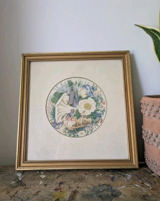 Antique Vintage Floral Watercolour Botanical Framed Garden Bouquet Painting Art
