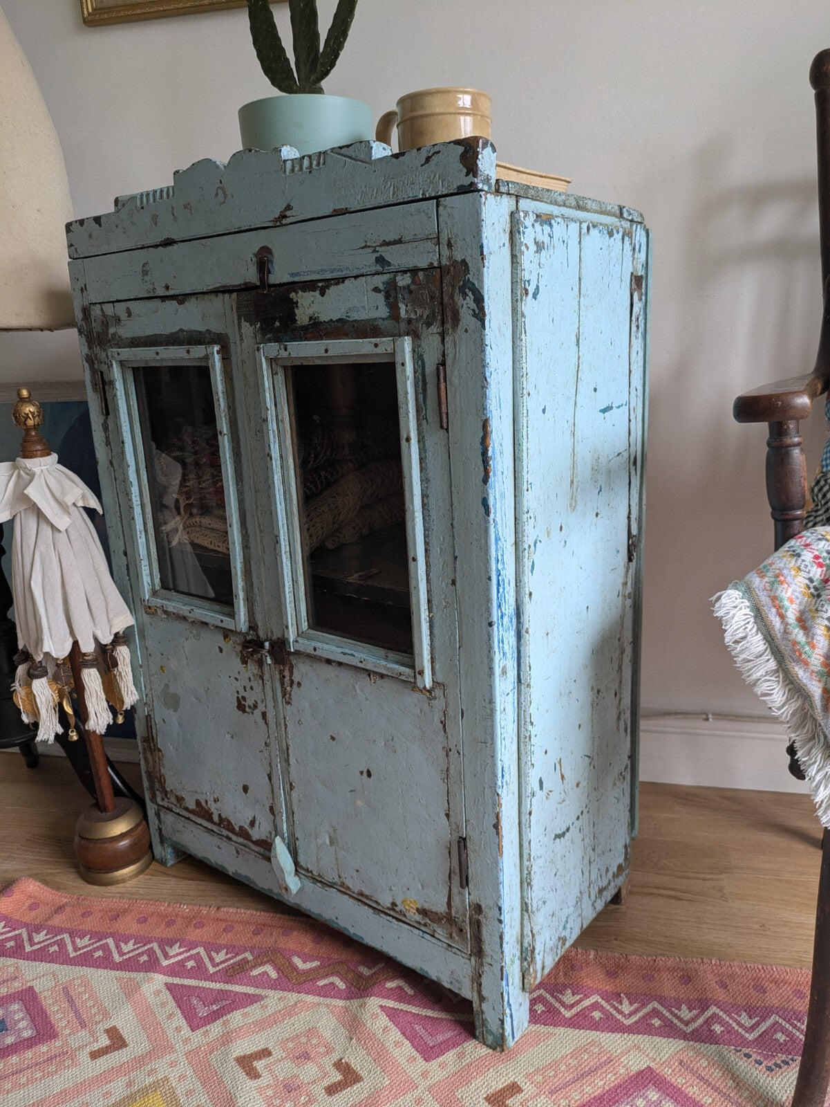 Small Antique Vintage Indian Cabinet Cupboard Painted Rare Glazed Blue Reclaimed
