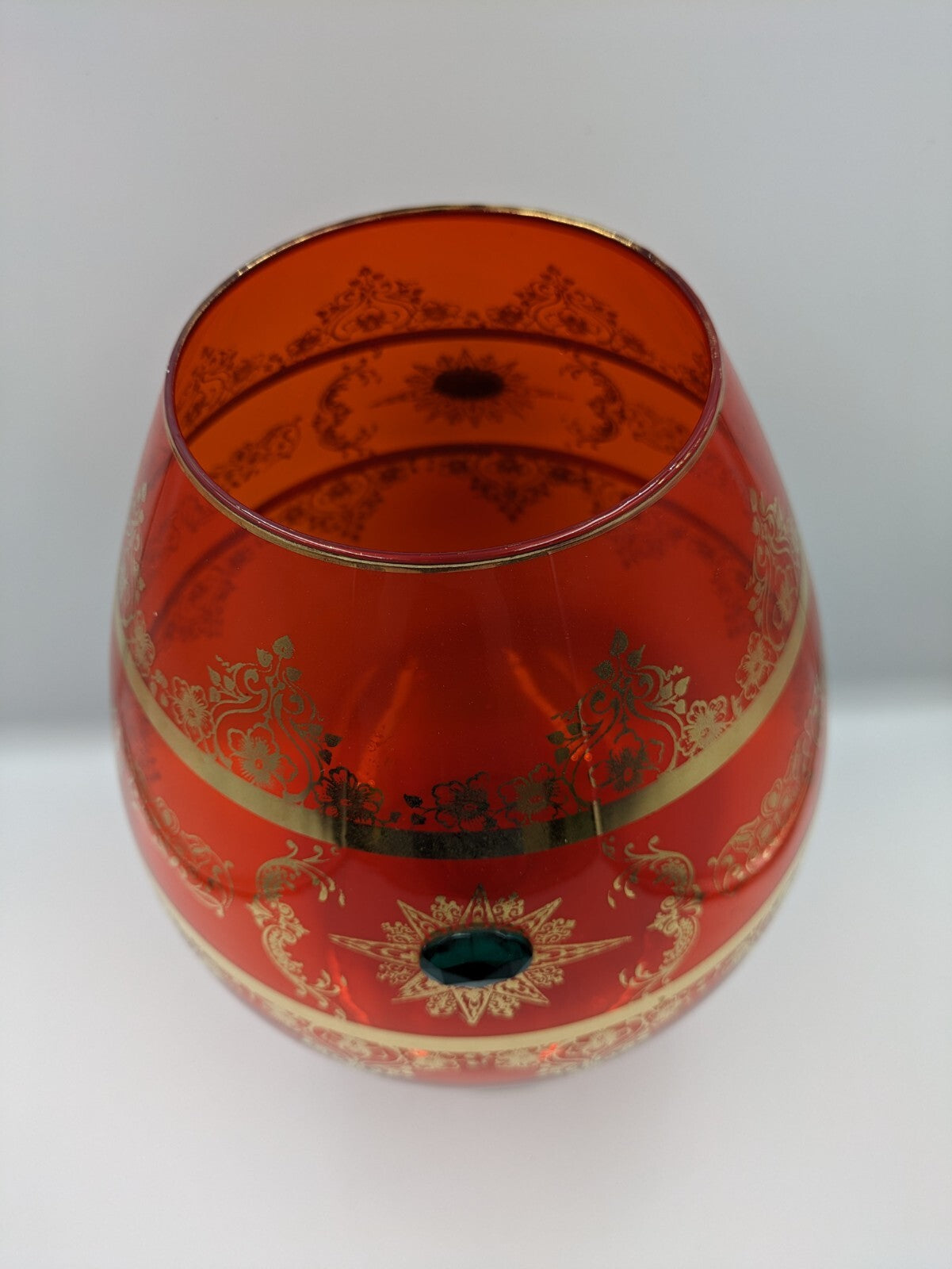 Vtg Cameo Venetian Ruby Gilt Gold Murano Glass Applied Gems Vase Snifter Brandy