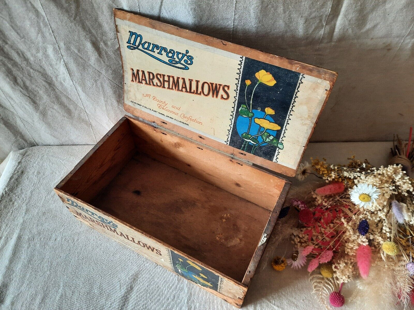 Antique 1920s 1930s Wooden Box Advertising Pine MURRAYS MARSHMALLOWS sweet Shop