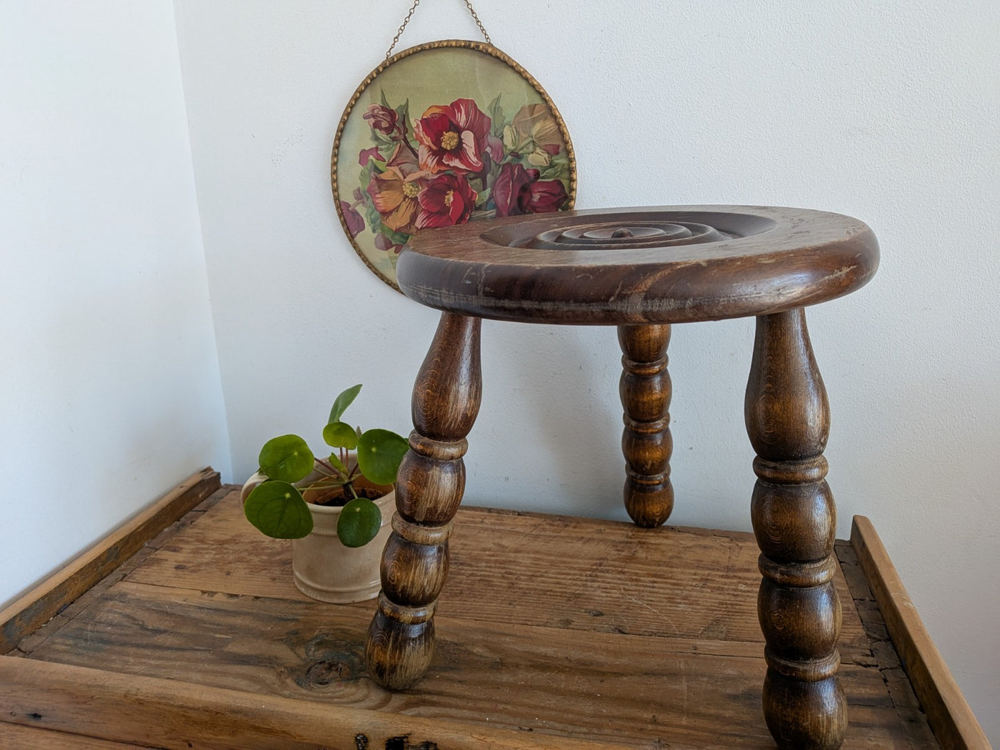 Antique Vintage French Oak Bulls Eye Round Rustic Milking Stool Plant Stand Vgc