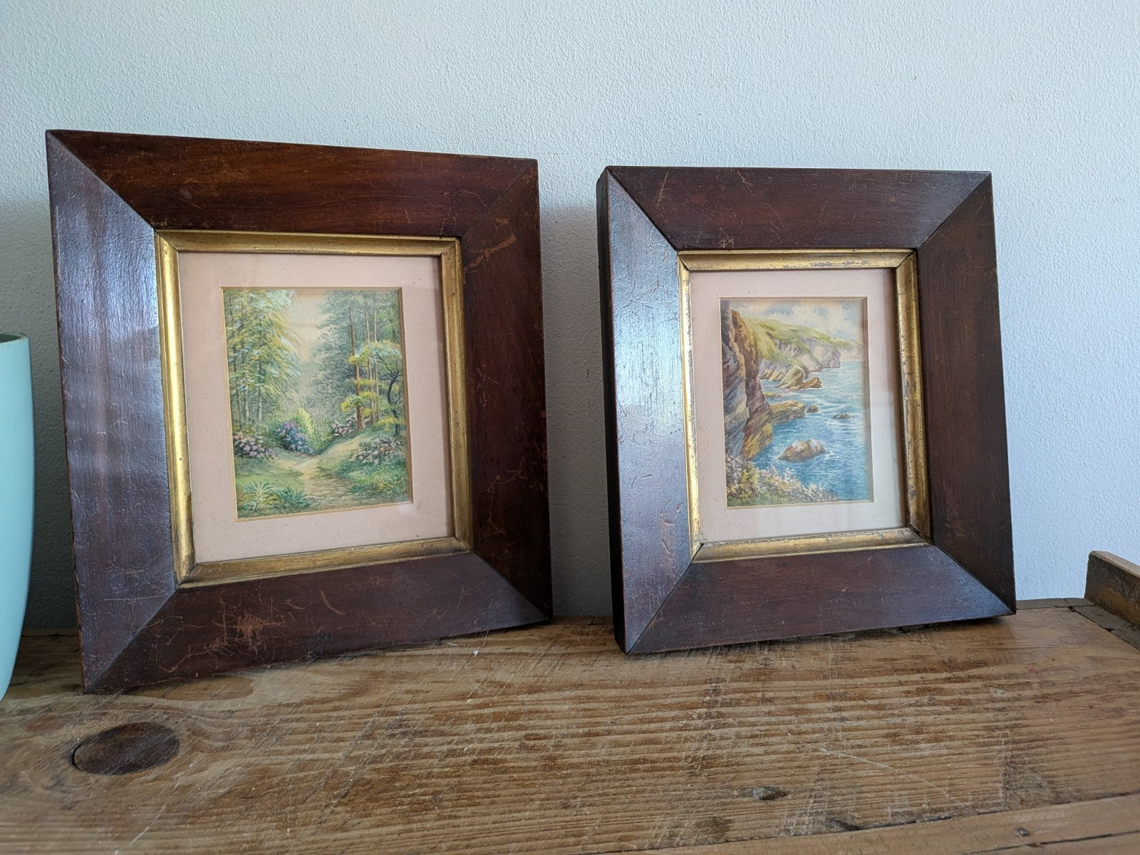 Pair Antique Framed Alan White Vtg Watercolour Signed Langcliff Woods Painting 