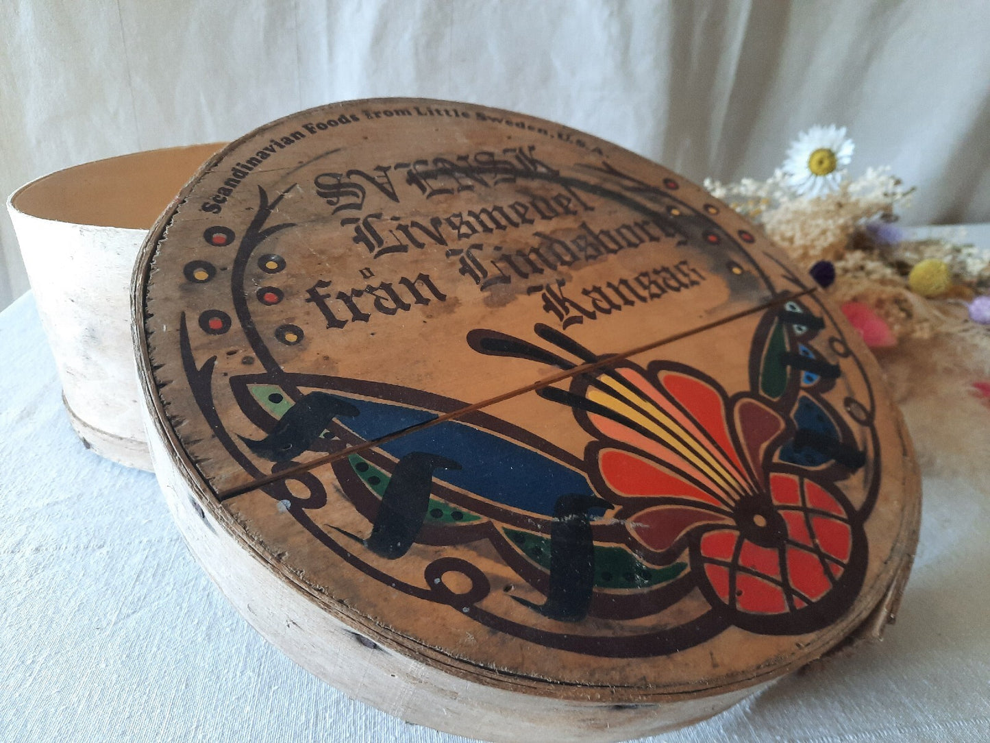 Vtg Wooden Pantry Box Hand Painted Flowers Little Sweden, USA Food Bentwood Rare