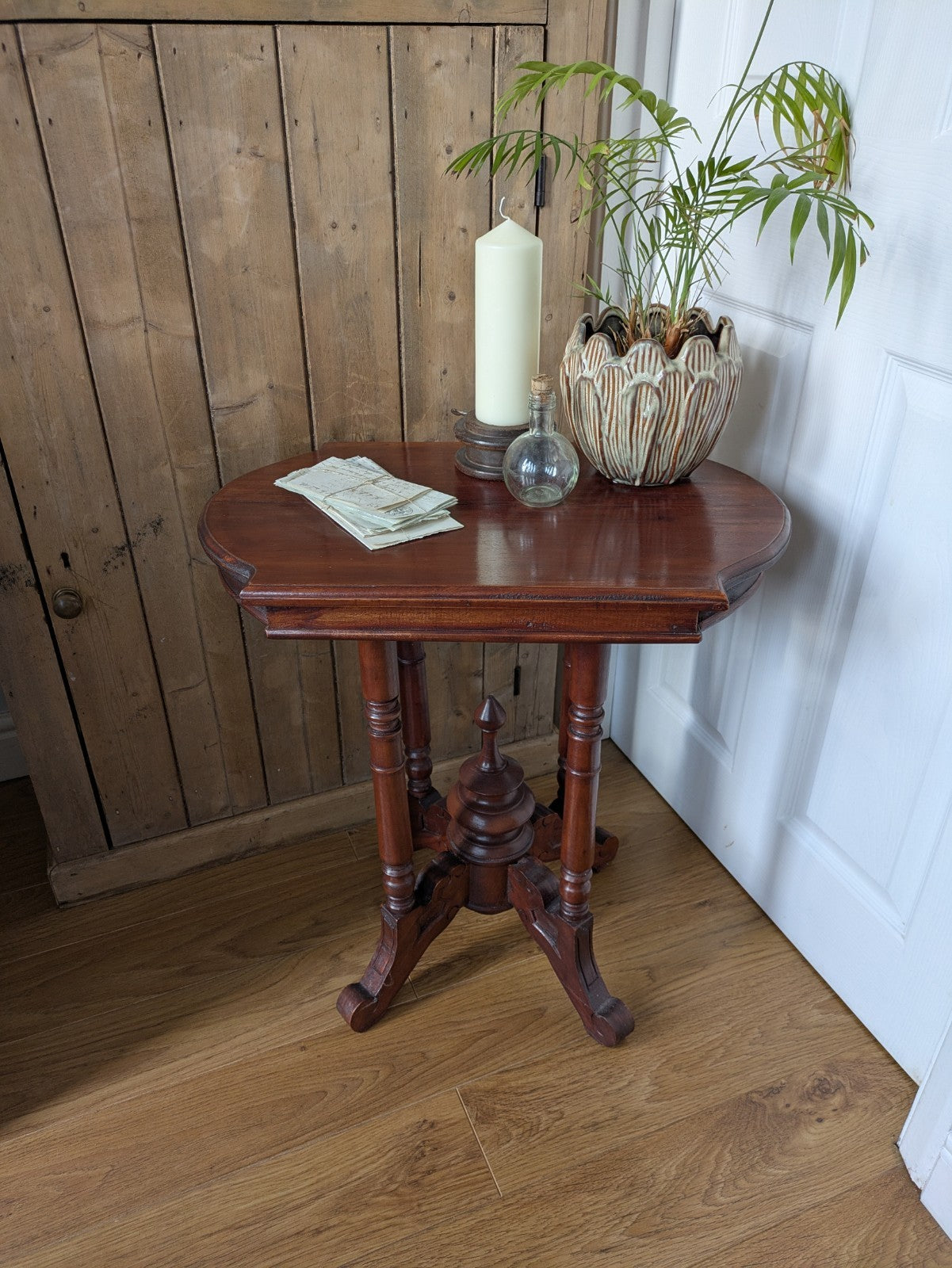 Antique Mahogany Side Table Hall Lamp Turned Legs & Finial Base Victorian C1890