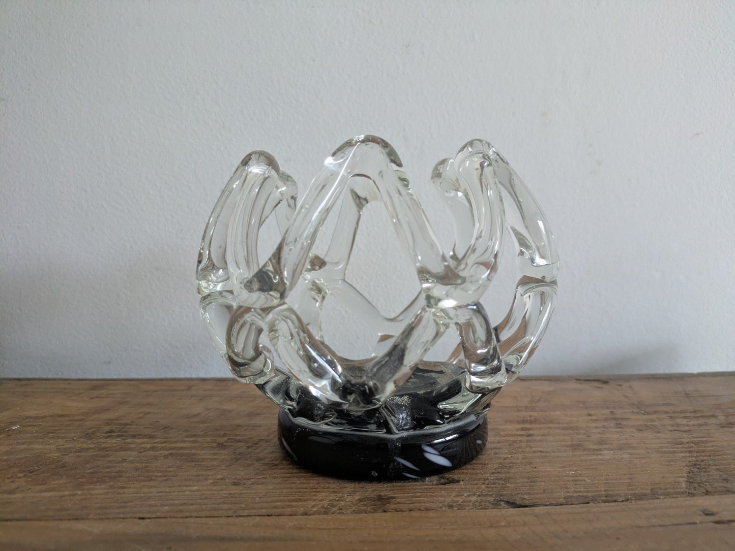 Vintage Murano Style Lattice Webbed Vase Glass Black Clear Centrepiece Bowl Vgc