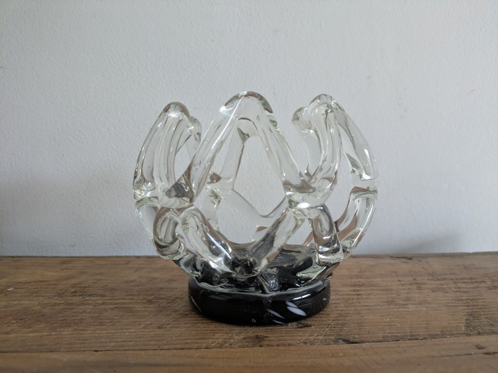 Vintage Murano Style Lattice Webbed Vase Glass Black Clear Centrepiece Bowl Vgc