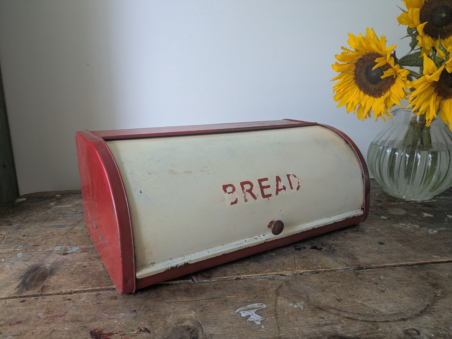 Vintage Red Cream Bread Bin Roll Top Metal Kitchen Storage Retro England Prop