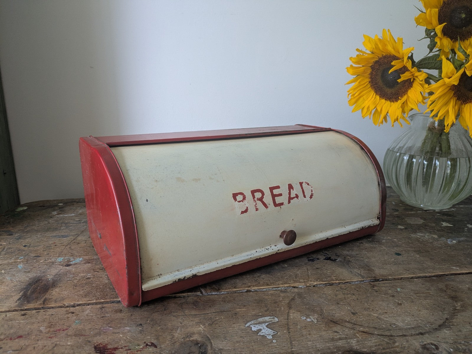 Vintage Red Cream Bread Bin Roll Top Metal Kitchen Storage Retro England Prop