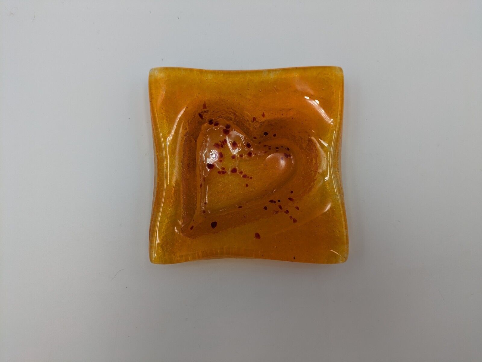 Vintage Mid Century 60s Fused Glass Soap Dish Orange Heart Sq Retro Ash Tray Vgc