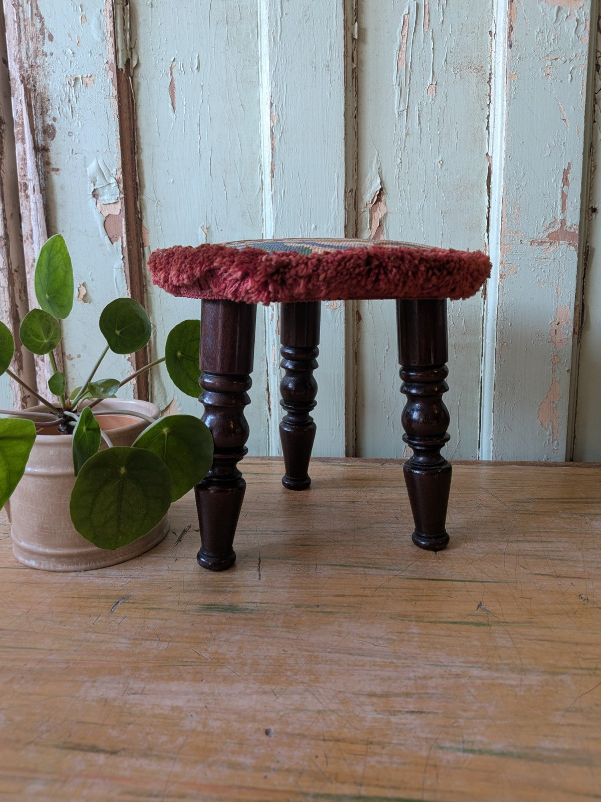 Victorian Tripod Needlepoint Foot Stool Ship Sailing Seat Tapestry Antique Vtg