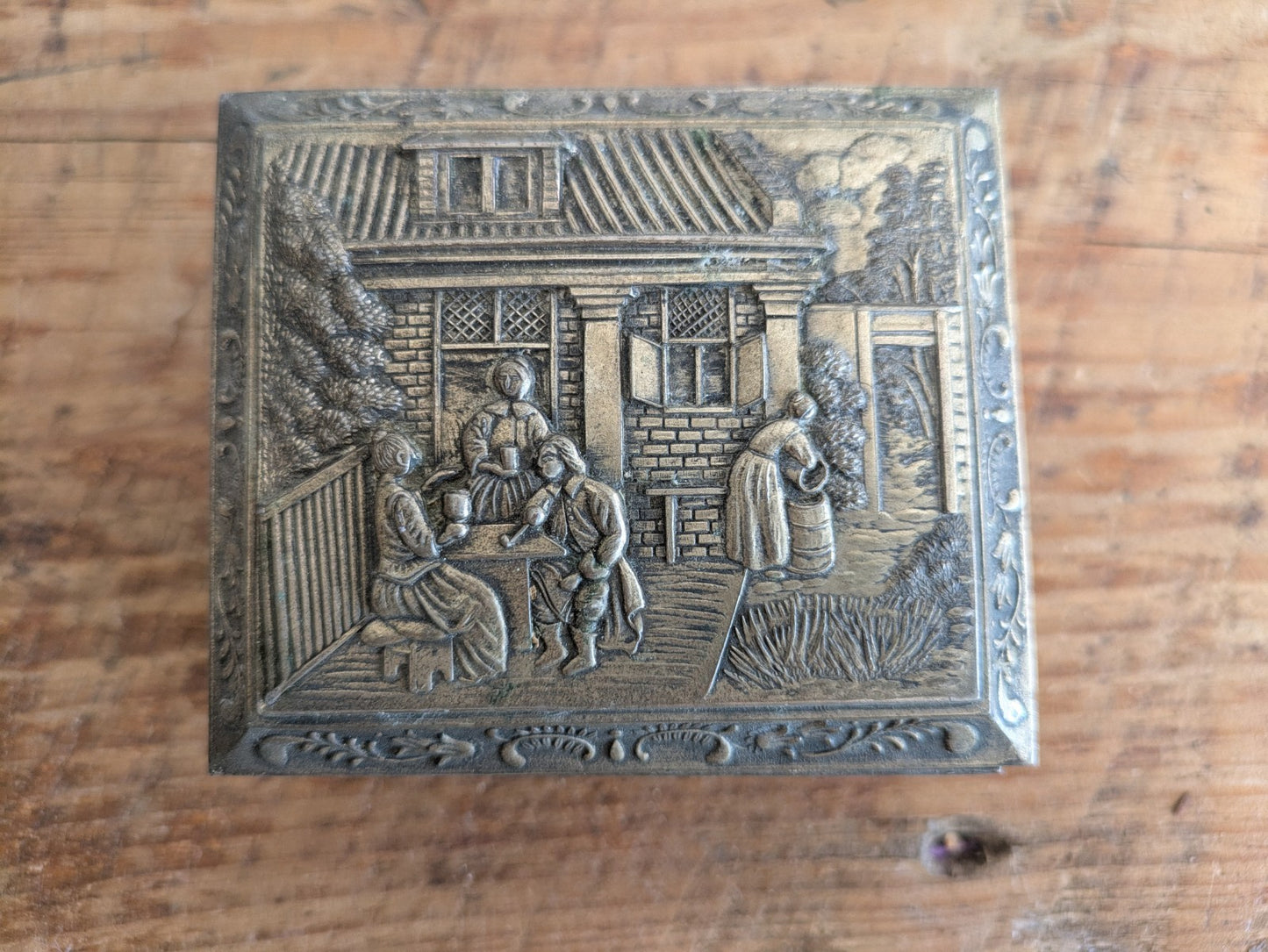 Vintage Japanese Footed Metal Jewelry Trinket Box Silver Tone Red Velvet Lining