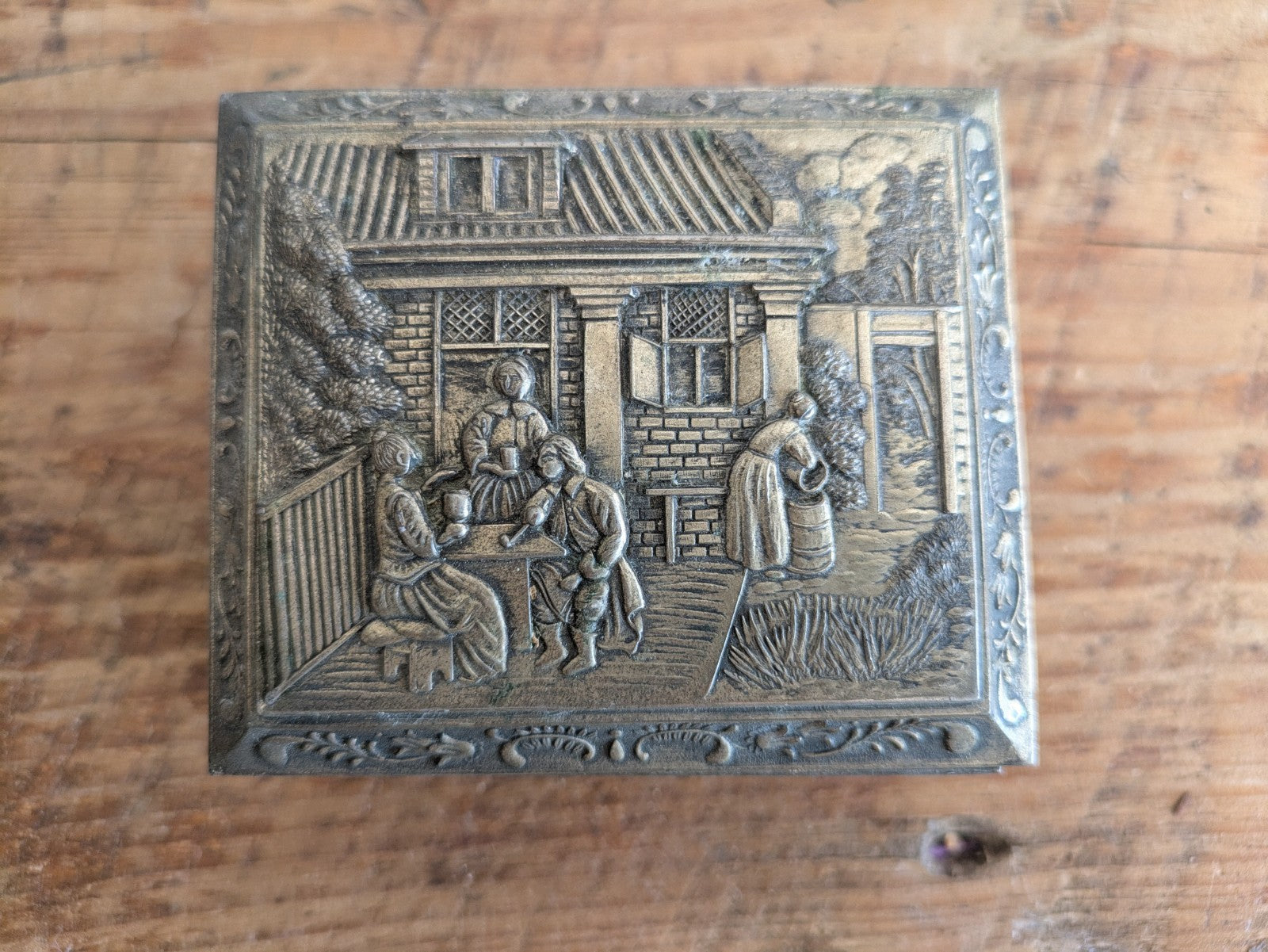 Vintage Japanese Footed Metal Jewelry Trinket Box Silver Tone Red Velvet Lining