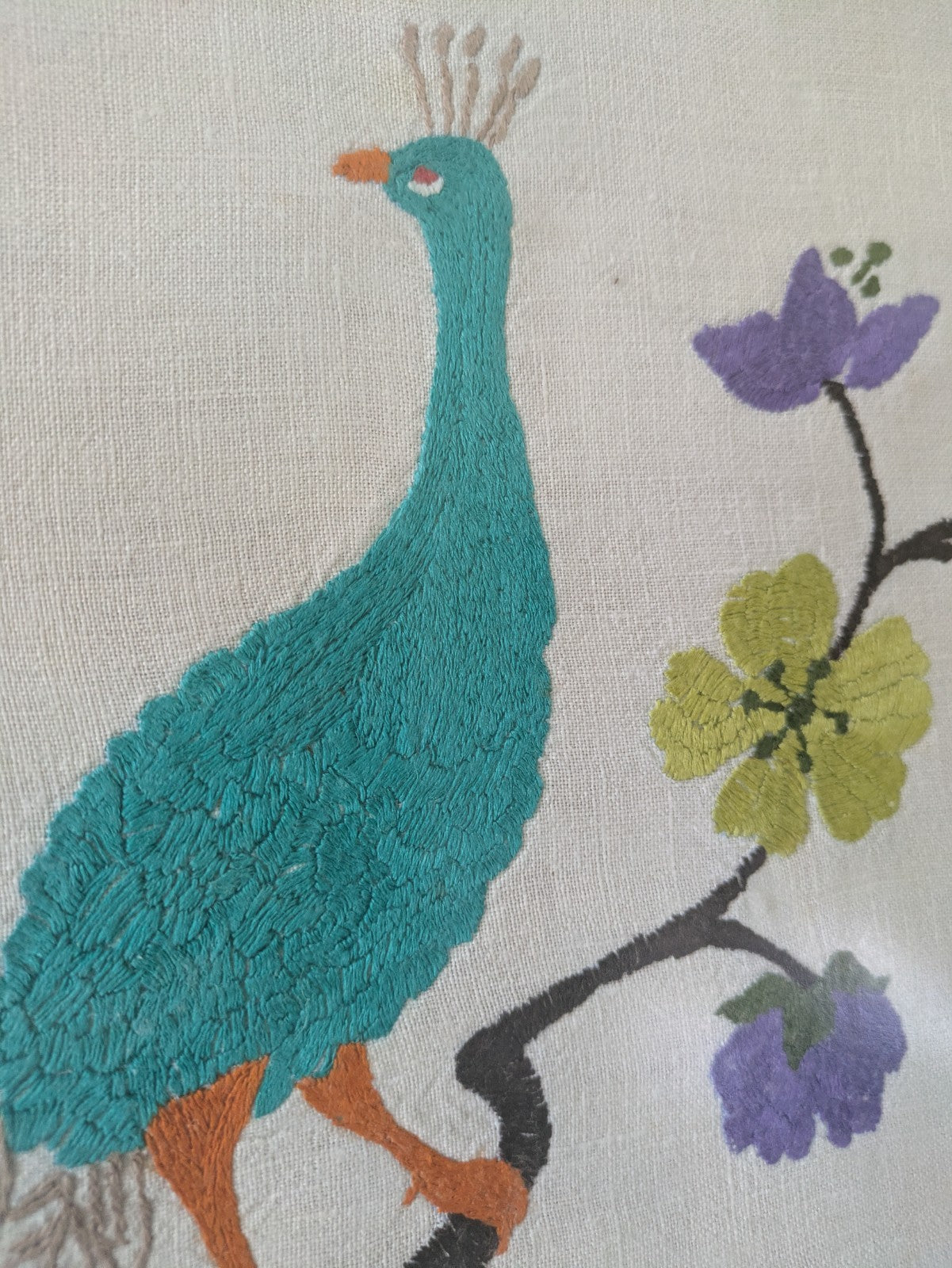 MID CENTURY FRAMED EMBROIDERY PEACOCK ON TREE BRANCH FLOWER LARGE VINTAGE RETRO