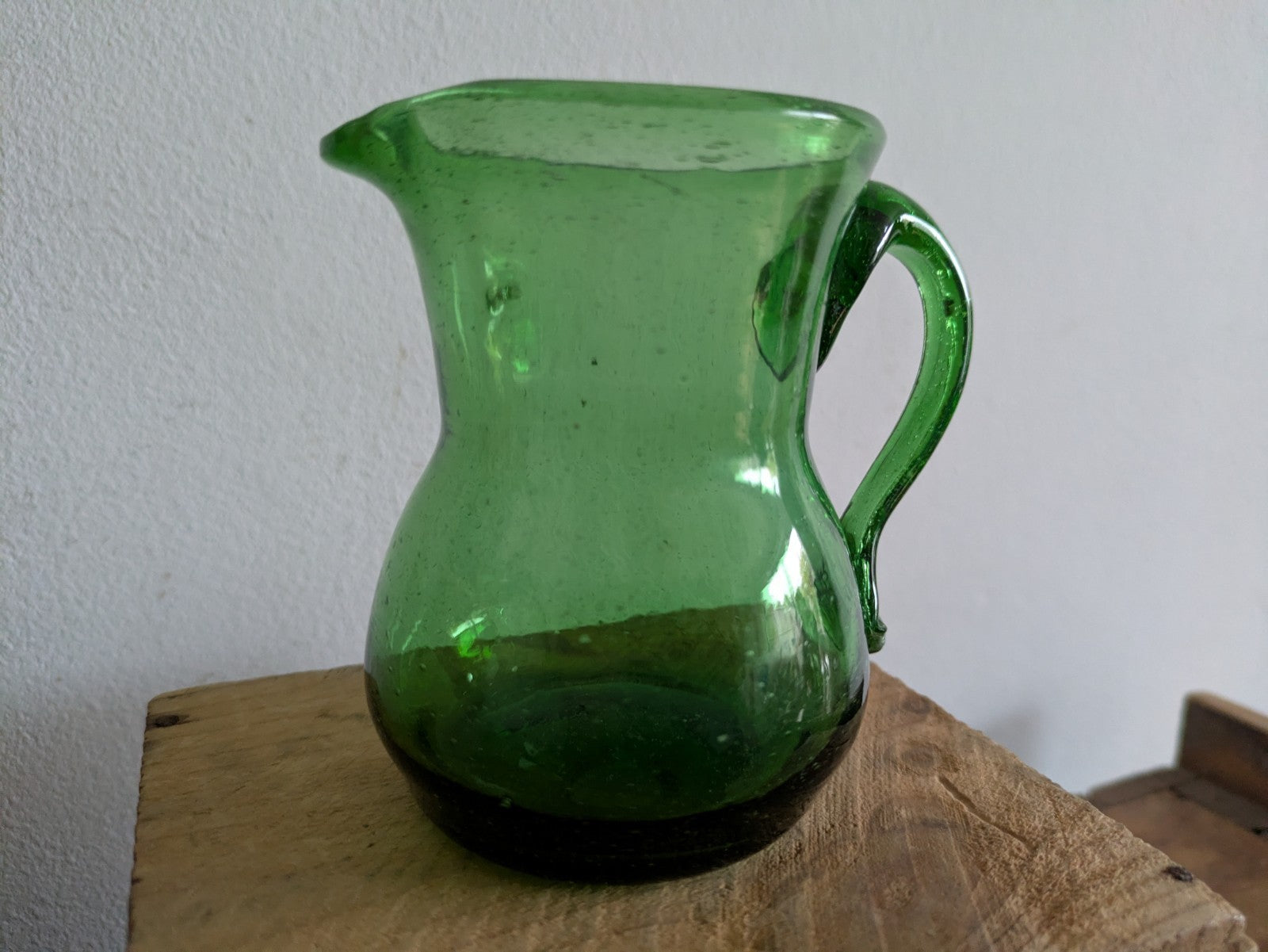 Vintage Emerald Green Bubble Glass Pitcher Jug Vase Hand blown Small Retro Vgc