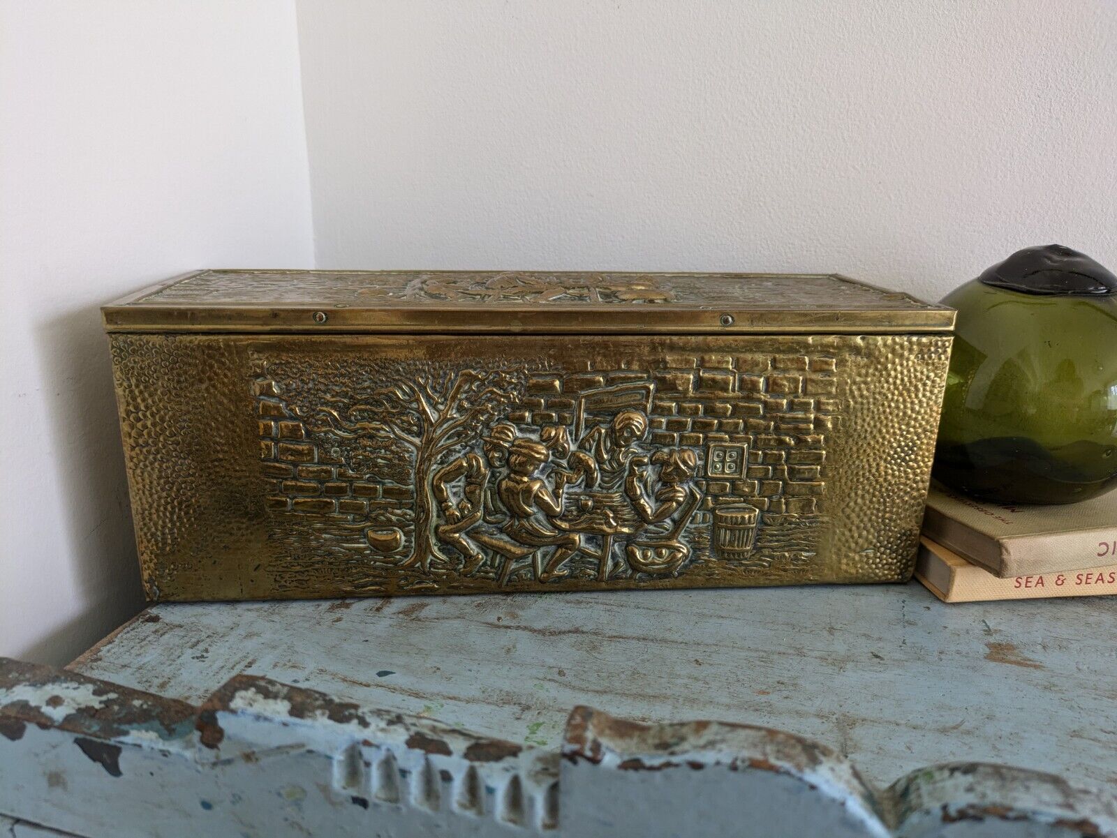 Antique 19th Century Vintage Embossed Brass and Wood Slipper Box Narrow Storage 