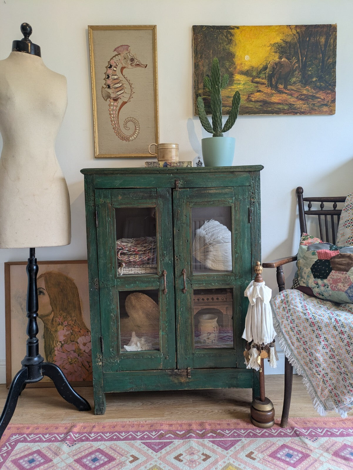 Restored Antique Vintage Indian Cabinet Cupboard Painted Glazed Reclaimed Green