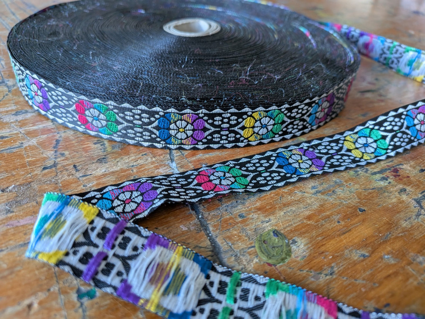 Jacquard Ribbon Black Dotty Roll Patterned Floral Multicoloured Black Trim Craft