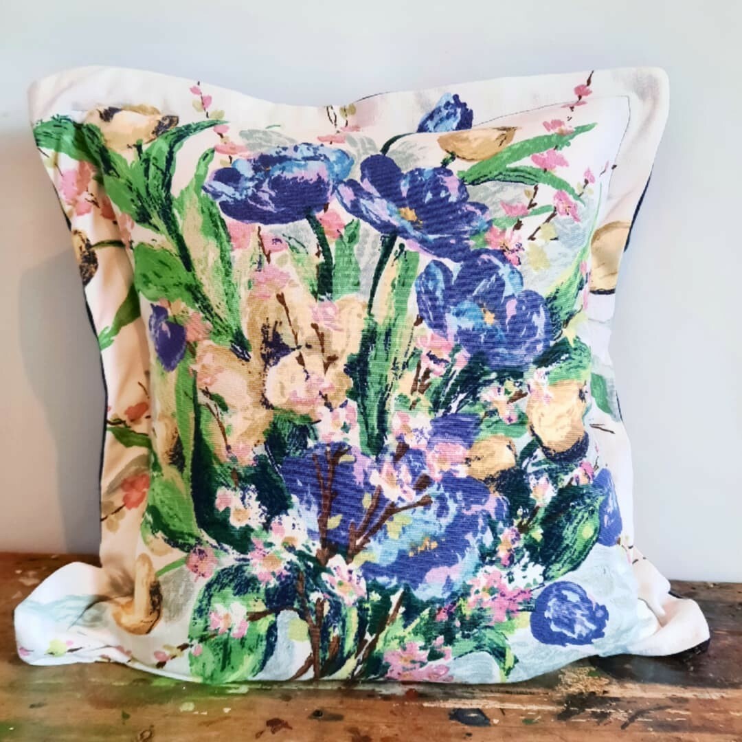 Vintage Floral LINEN VELVET Cushion Cover Square 50cm sq original ONE OFF inner