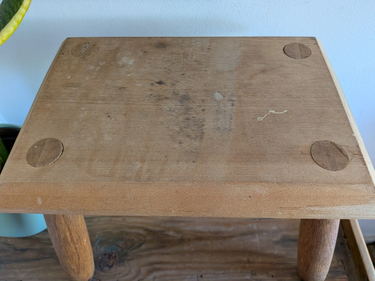 Vintage Step Stool Milk Wooden Seat Utilitarian Old Solid Chunky Leg Wood Prop 