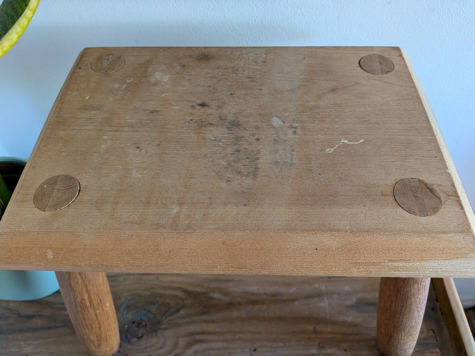 Vintage Step Stool Milk Wooden Seat Utilitarian Old Solid Chunky Leg Wood Prop 