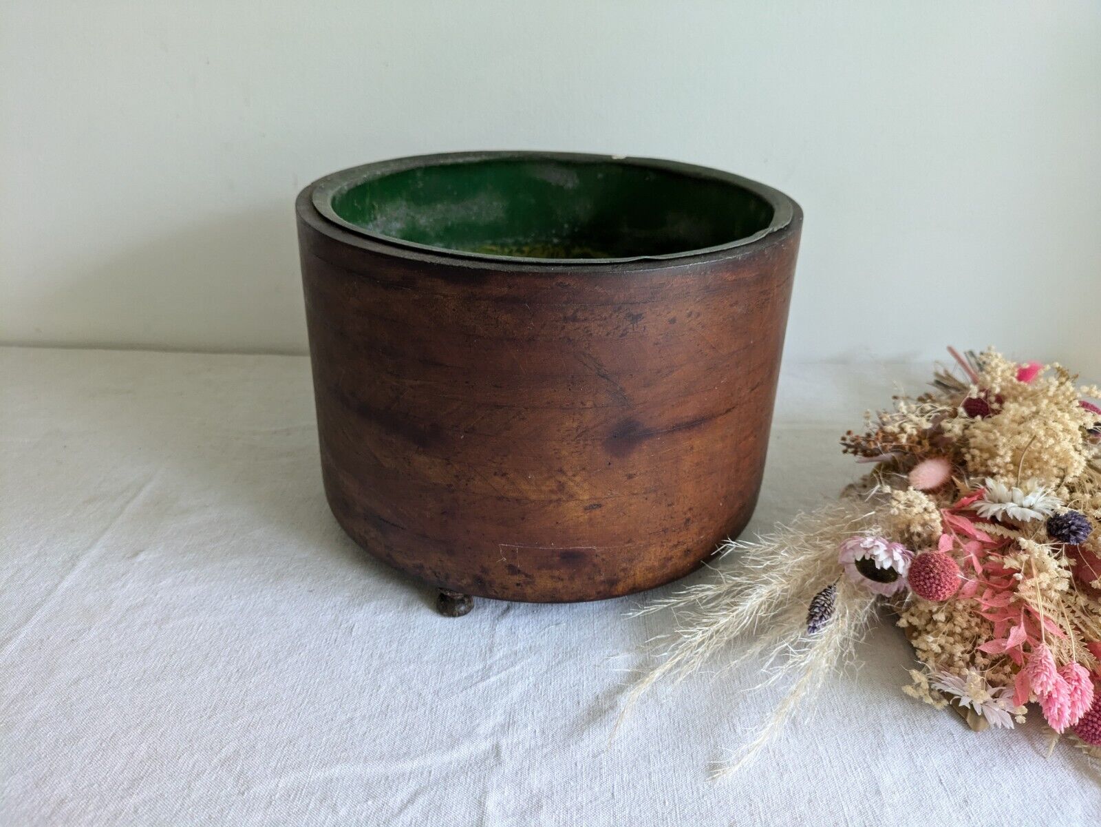 ANTIQUE BENTWOOD LINED WOOD ROUND WOODEN PLANTER PLANT POT TREEN VTG JARDINERE