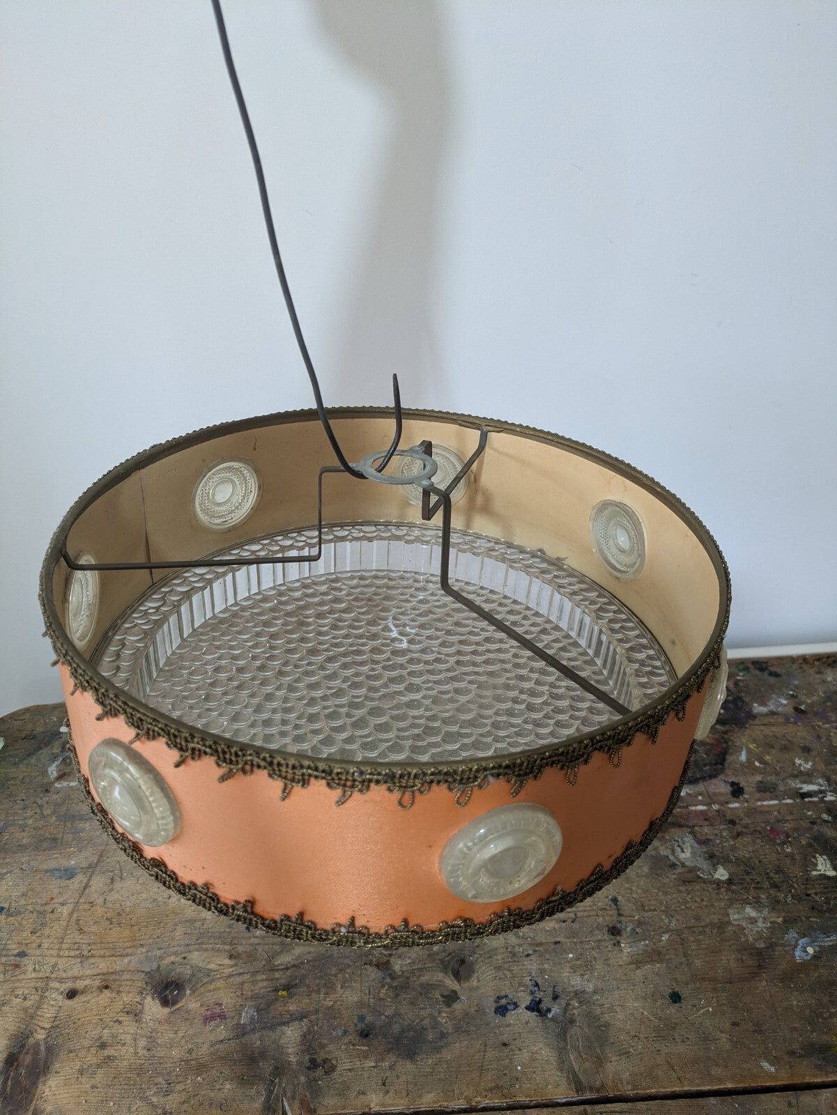 MID CENTURY 60S VTG RETRO FABRIC KNOBBLY PLASTIC SCANDI CEILING LIGHT LAMP SHADE