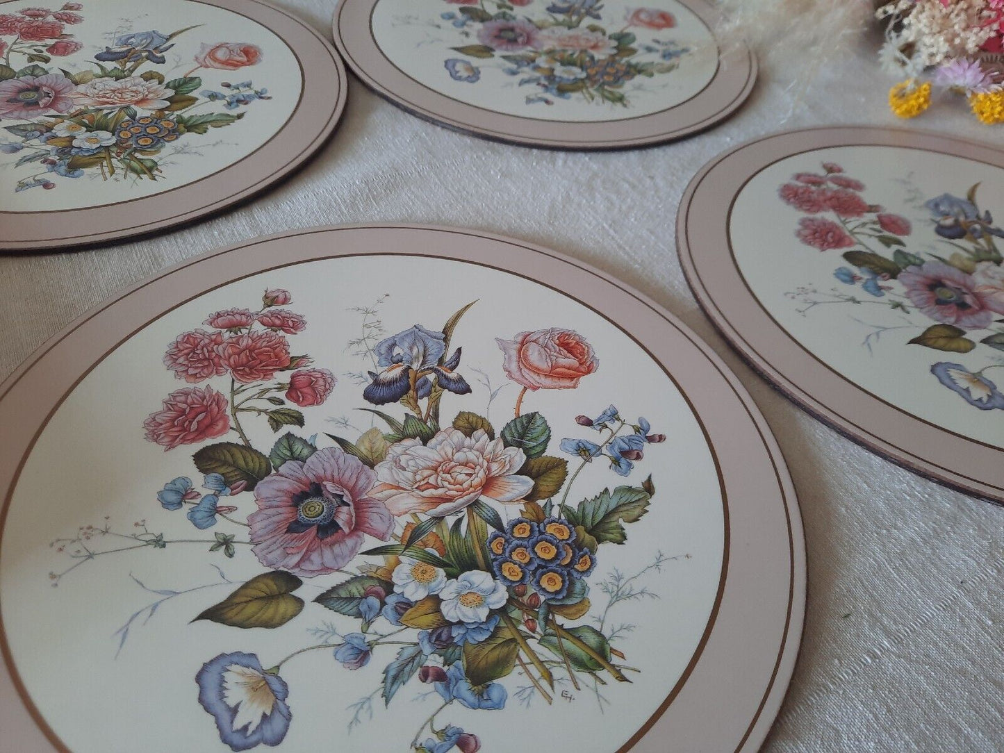 Vintage set of 4 De Luxe Pimpernel Place Mats Floral bouquet Pink Prop Rare Boxd