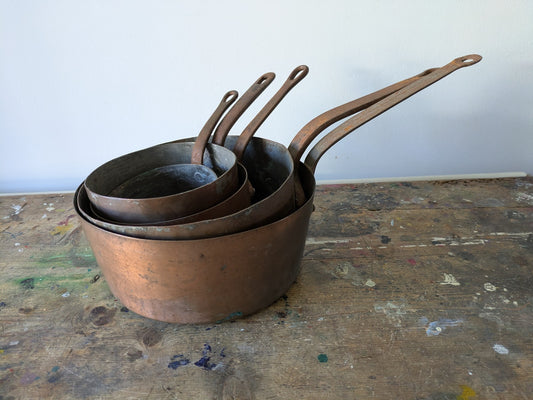 Set Of Antique Copper Sauce Pan Iron Handles Old Pans French Frying Saucepans
