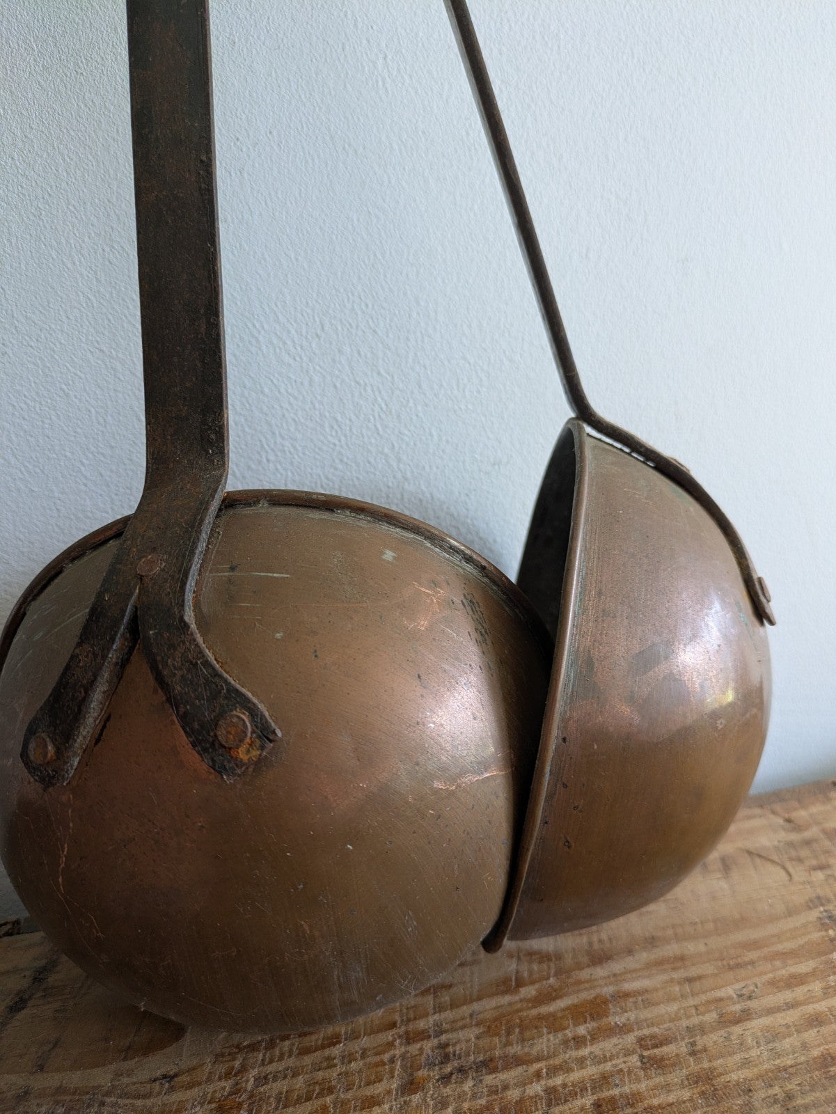 2x Antique Copper Iron Ladle Hand Forged Victorian Scoop Wall Hanging Spoons Vtg