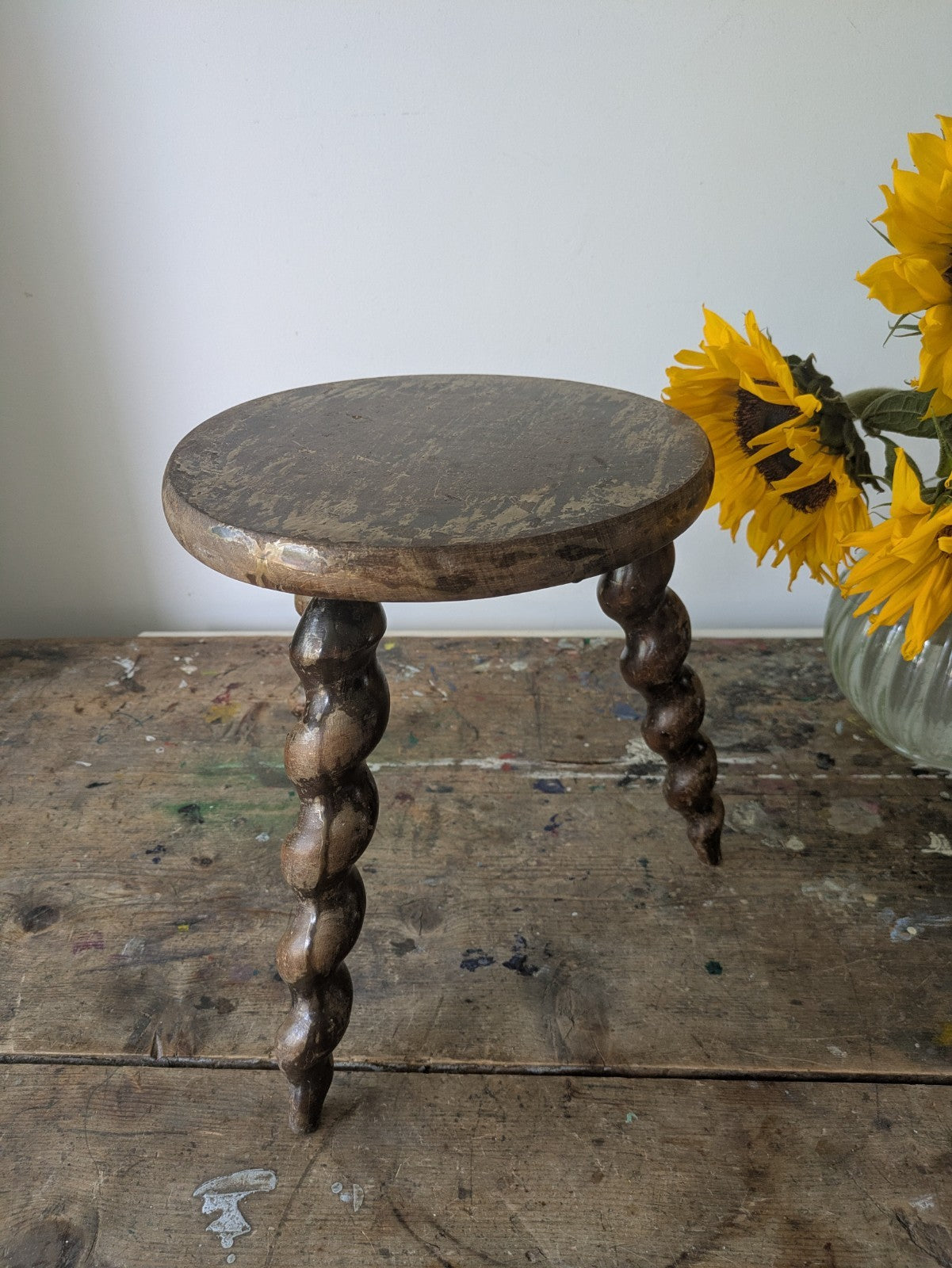 Antique french plant table Mid-1900's woodwork stool Twist Leg Tripod Spiral 