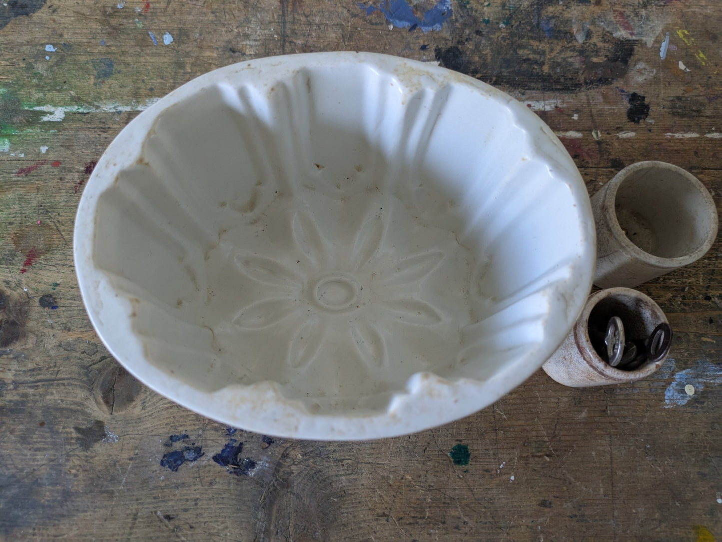 Heavy Antique Victorian White Stoneware Flower Head Design Jelly Mould Oval Vgc