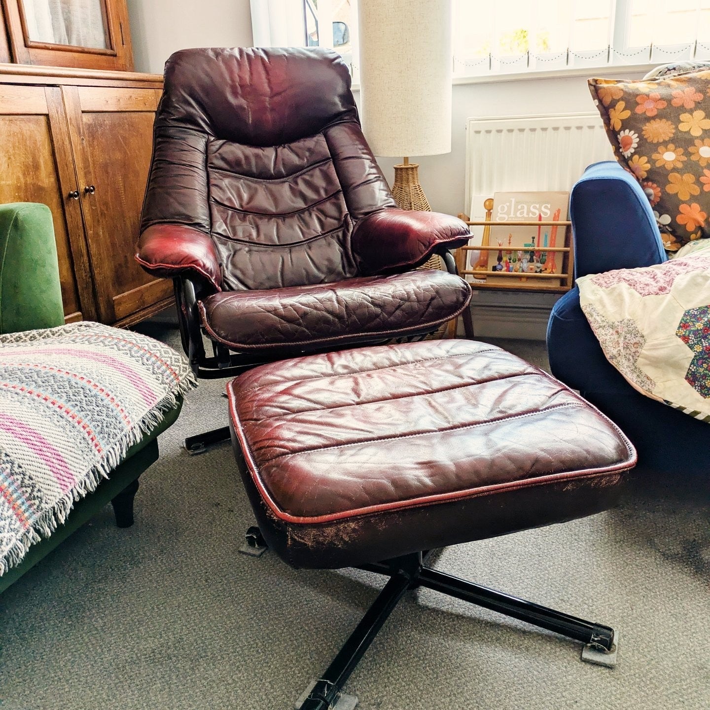 MCM Skoghaug Industries Oxblood Red Leather Swivel Recliner Armchair & Stool 60s