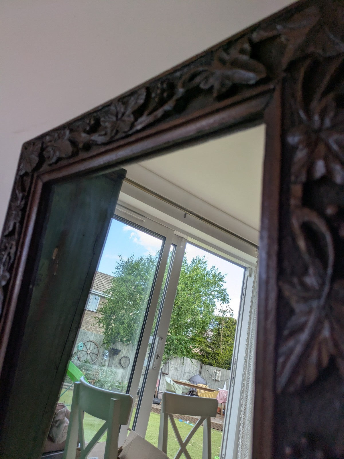 C1890 Victorian Rectangular Mirror Antique Oak Hand Carved Frame Berries Leaves