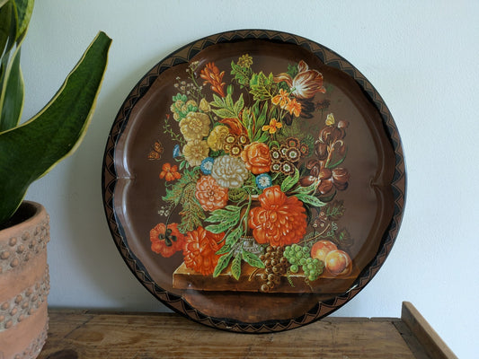 Vintage Daher Decorated Ware Serving Tray Metal Brown Floral England XL Prop 