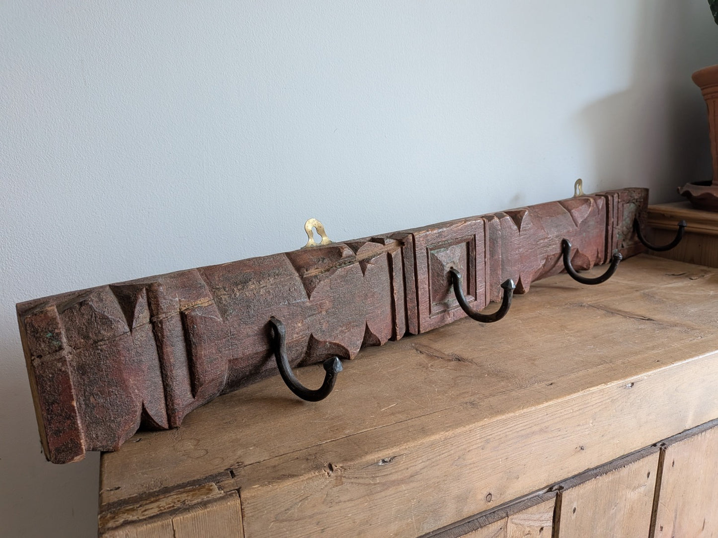 Antique Indian Painted Teak Wood Coat Hook Panel Salvaged Iron Hooks Vintage Vgc