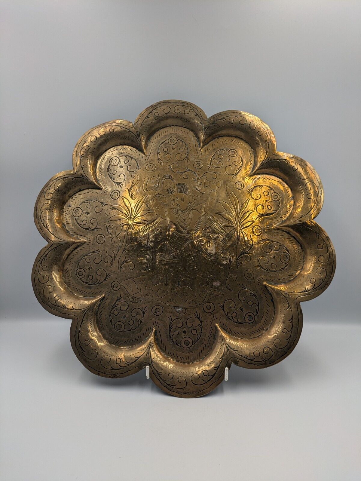 Antique Indian Hindu God Shiva Carved Plate Floral Carved Brass plate Tray Naga 