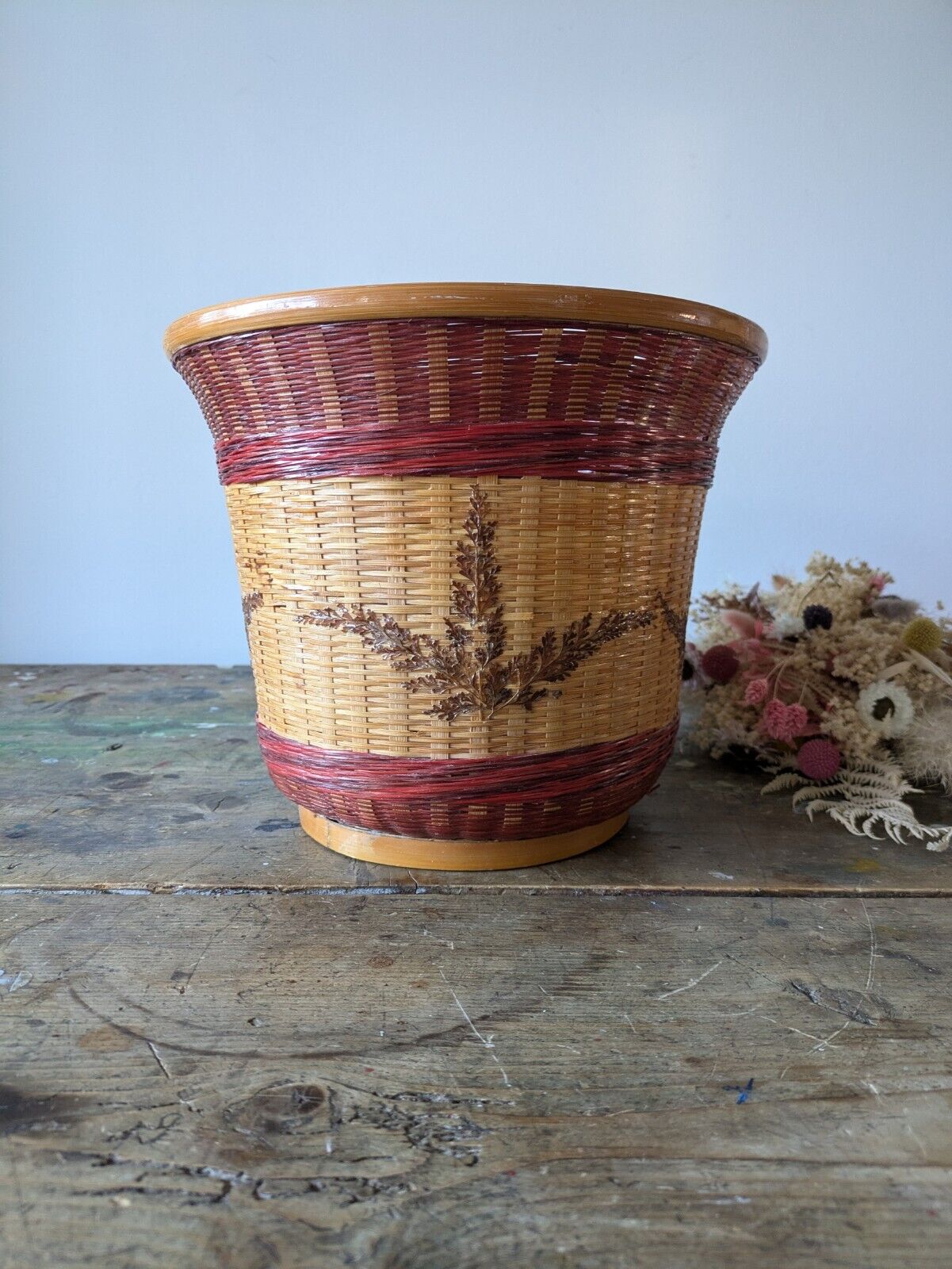 Red Cane Round Wicker Waste Paper Basket Woven Leaves Storage Vintage Bin Retro