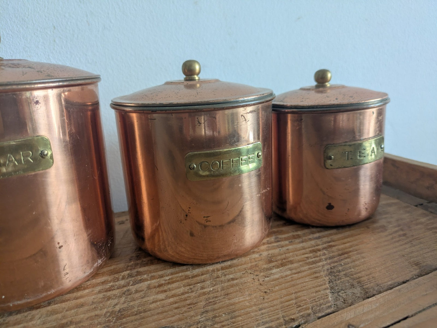 Vtg Copper 4 Nesting Kitchen Canisters MCM Farmhouse Flour Tea Coffee Sugar Prop