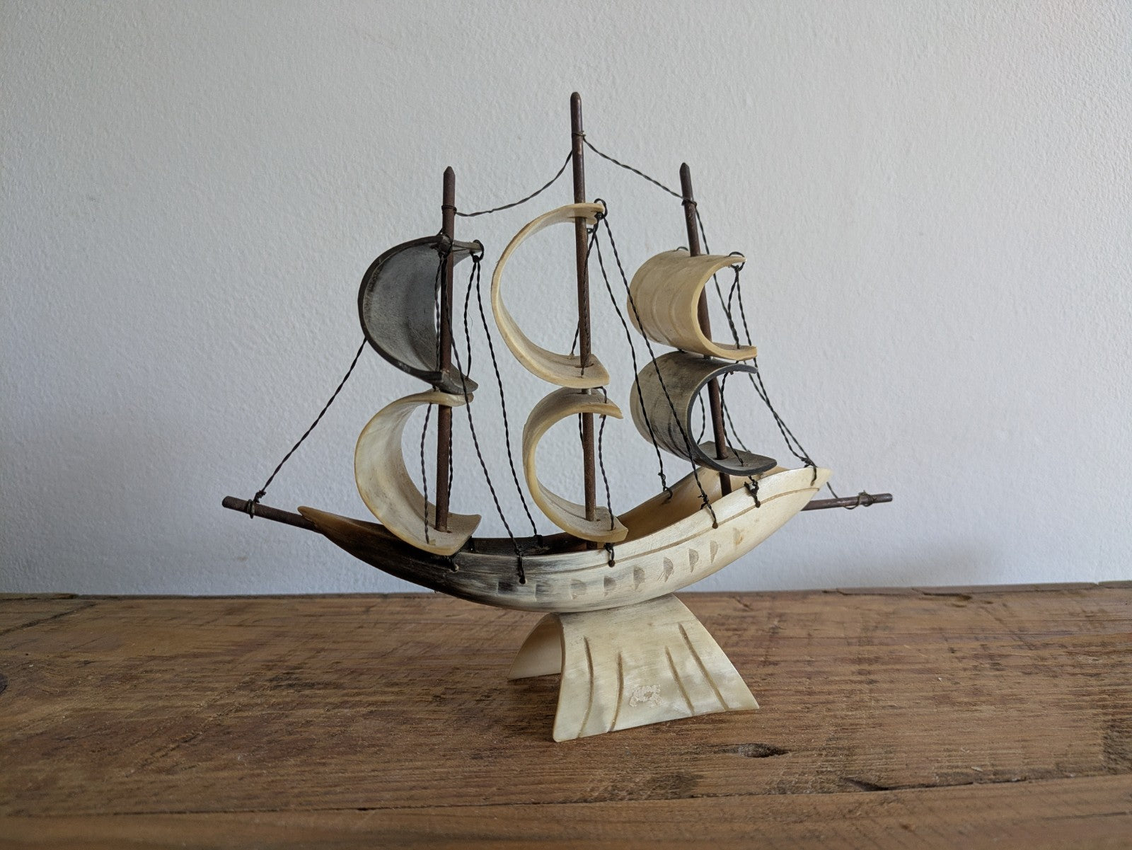 Vintage Hand Carved Nautical Sailing Ship Boat Made of Horn 3-Masts. Props Gift
