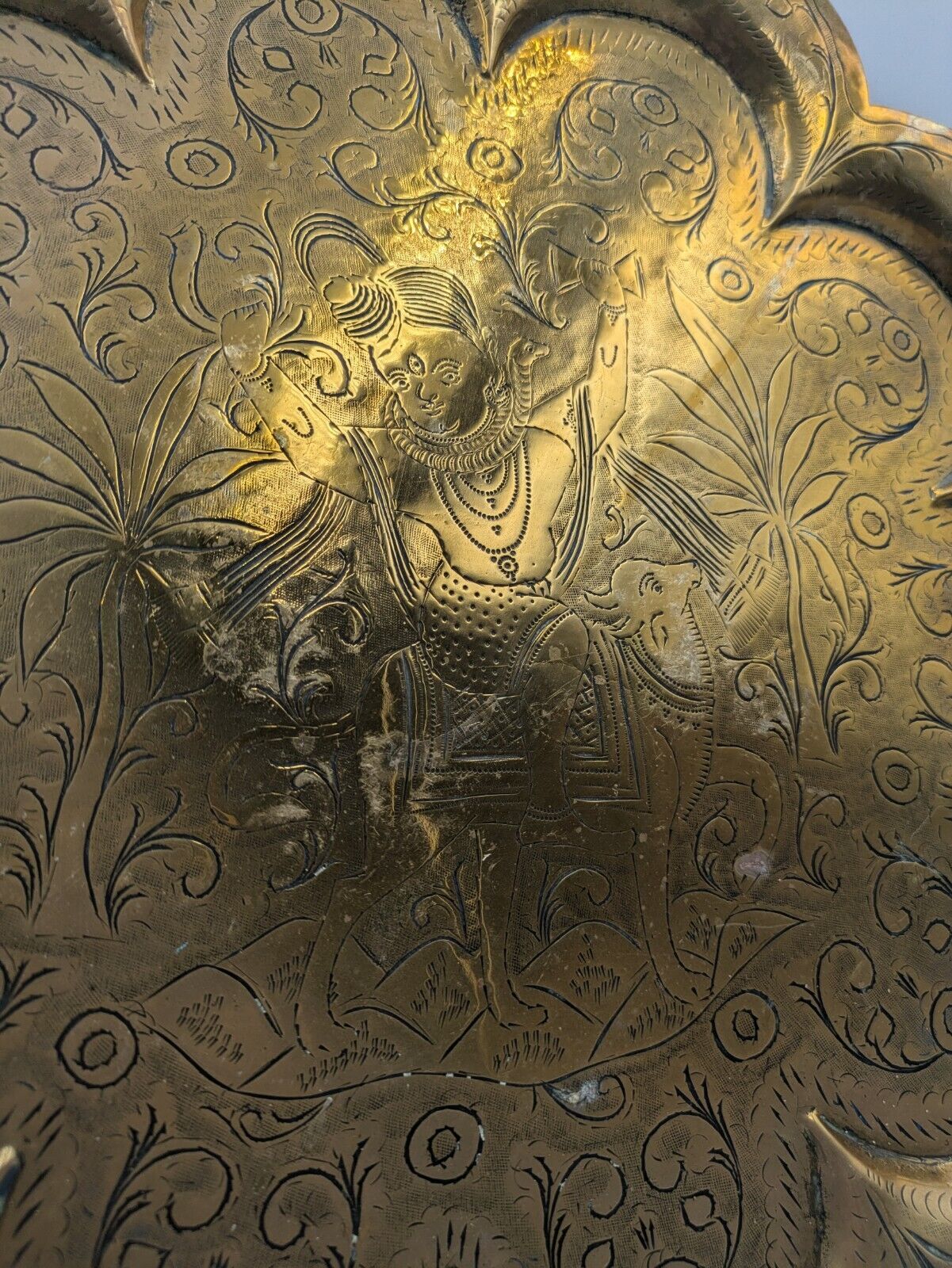 Antique Indian Hindu God Shiva Carved Plate Floral Carved Brass plate Tray Naga 