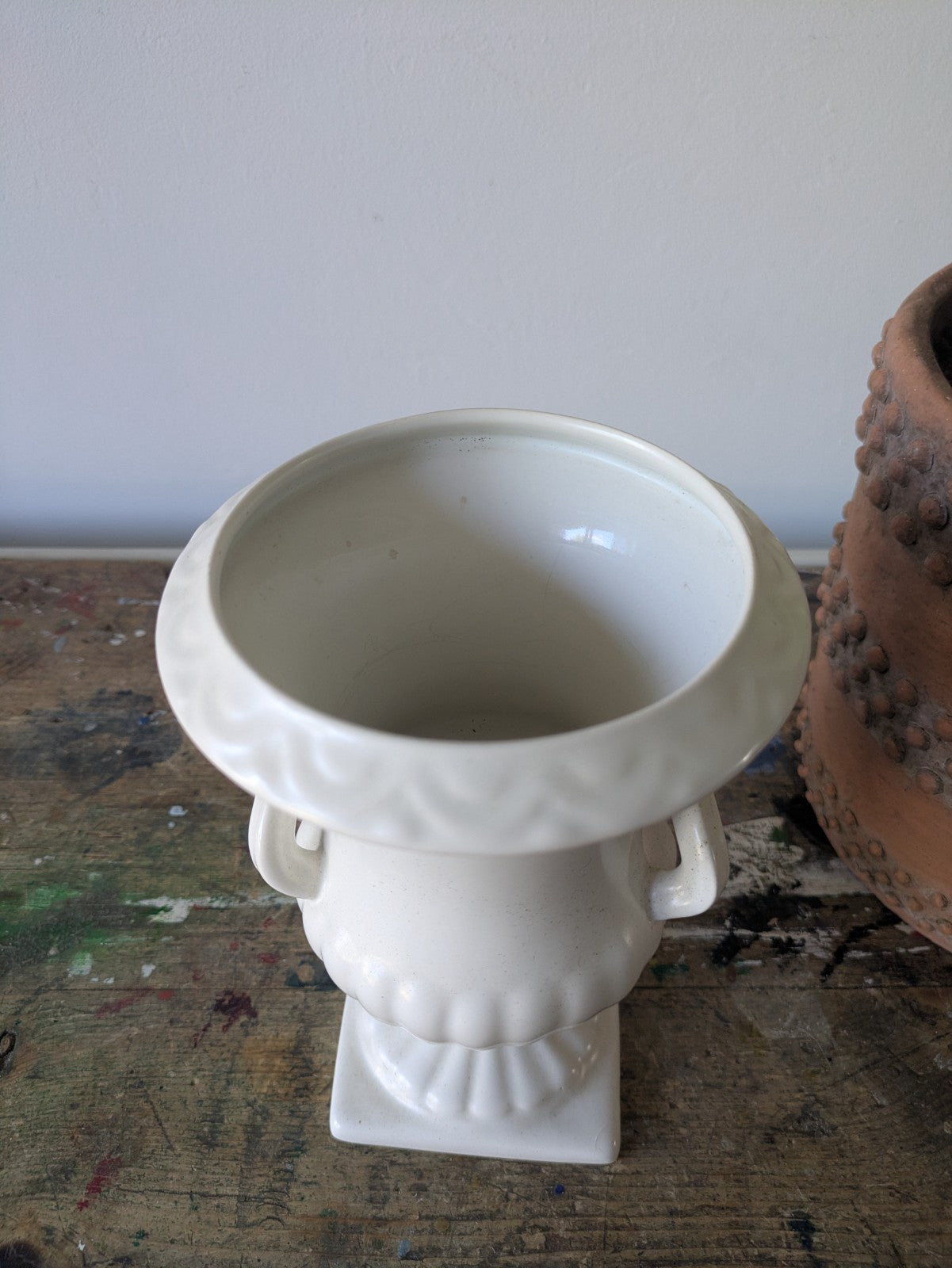 Vintage Shorter & Sons White Pottery Urn Vase 2 Handles Classic Pedestal Design