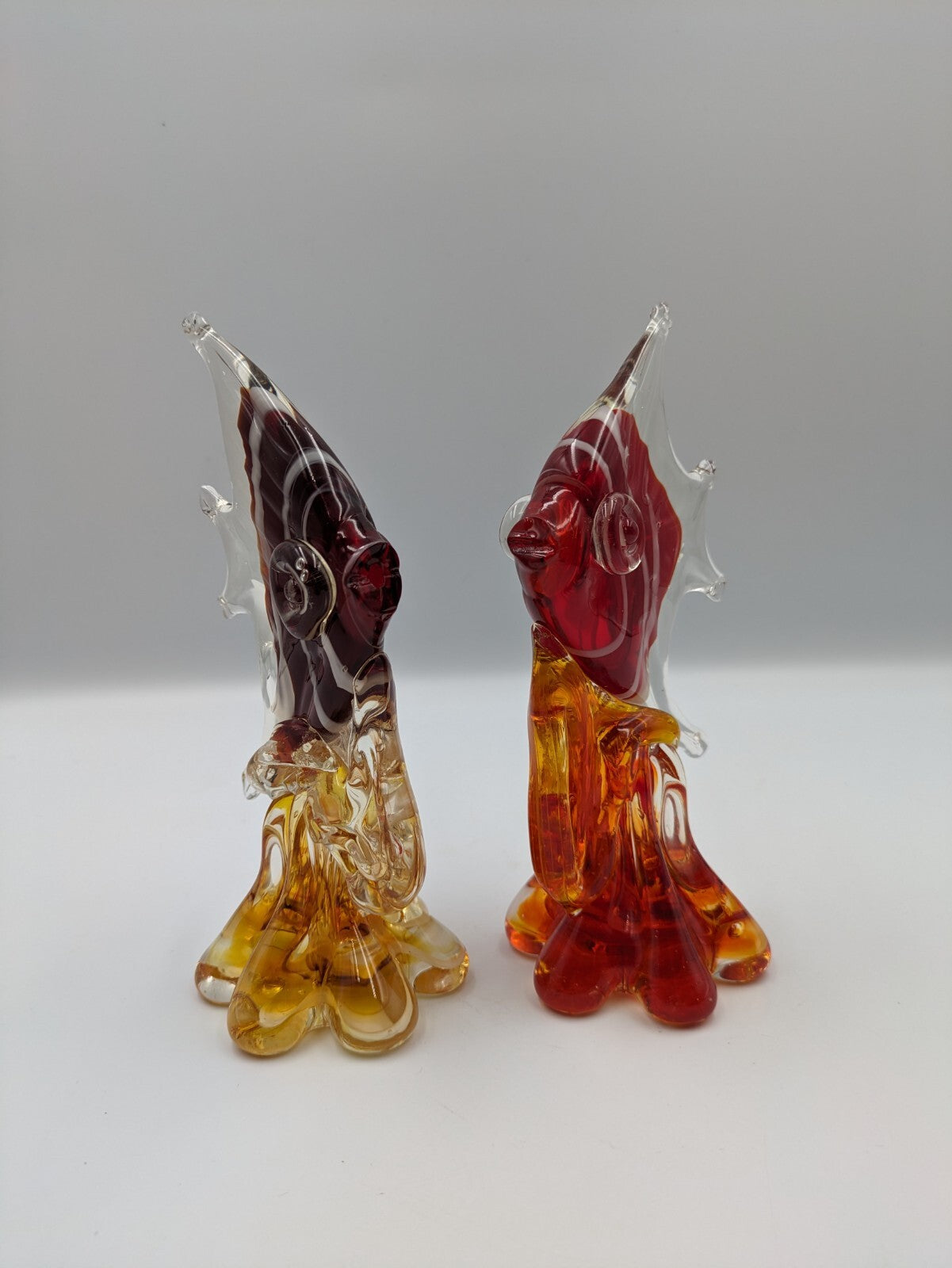 2x Glass Hand Blown Red Orange White Angel Fish Paperweight Figurine Art Deco