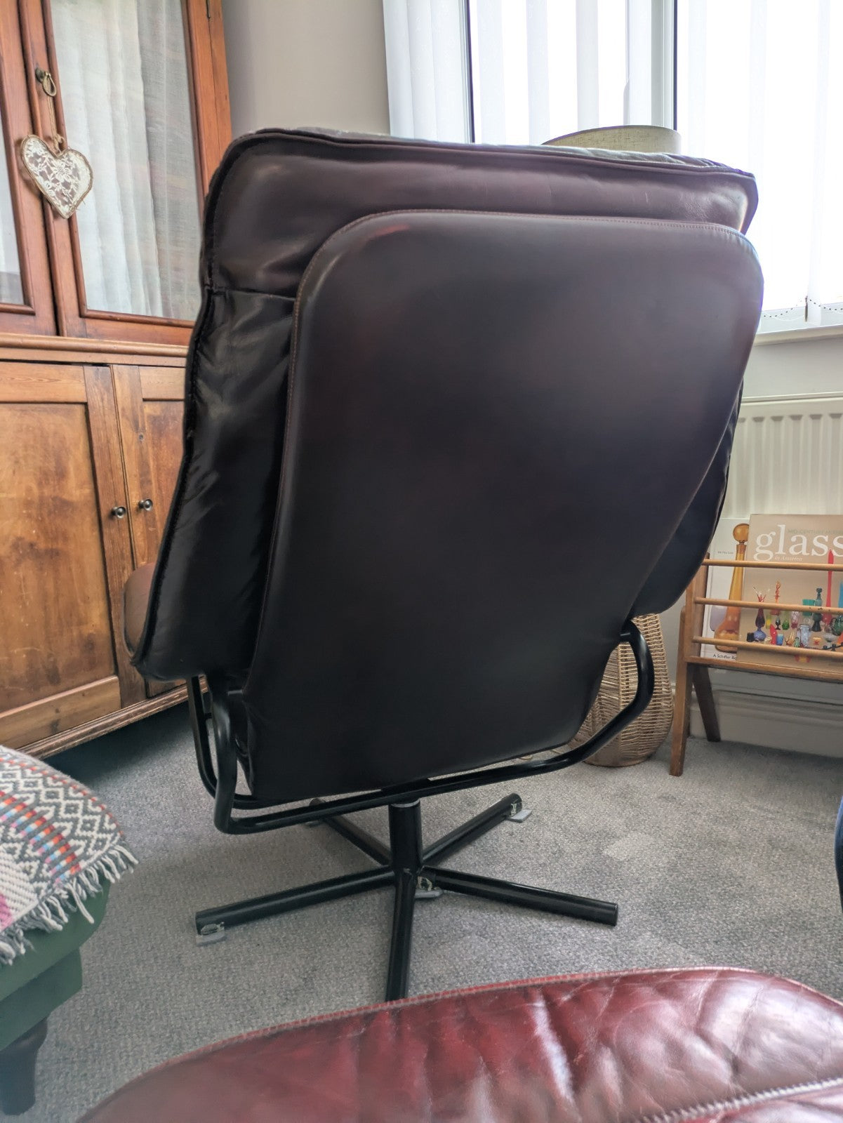 MCM Skoghaug Industries Oxblood Red Leather Swivel Recliner Armchair & Stool 60s