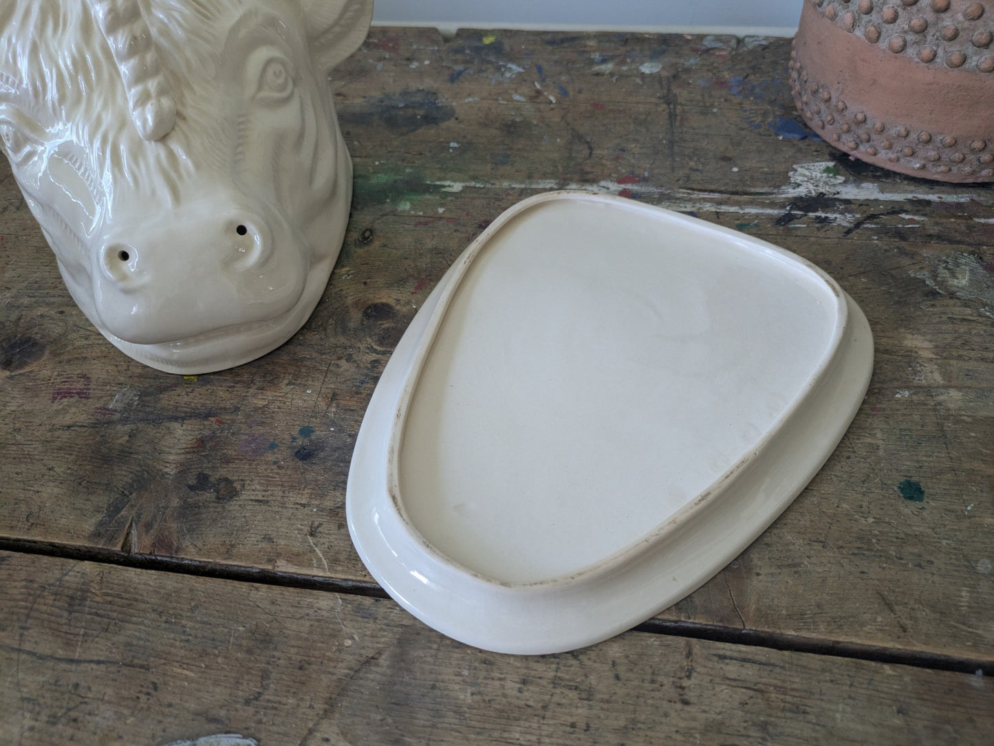 Rare Bull Head Cheese Dish Cloche With Plate Vintage Antique Cream Ceramic Old 
