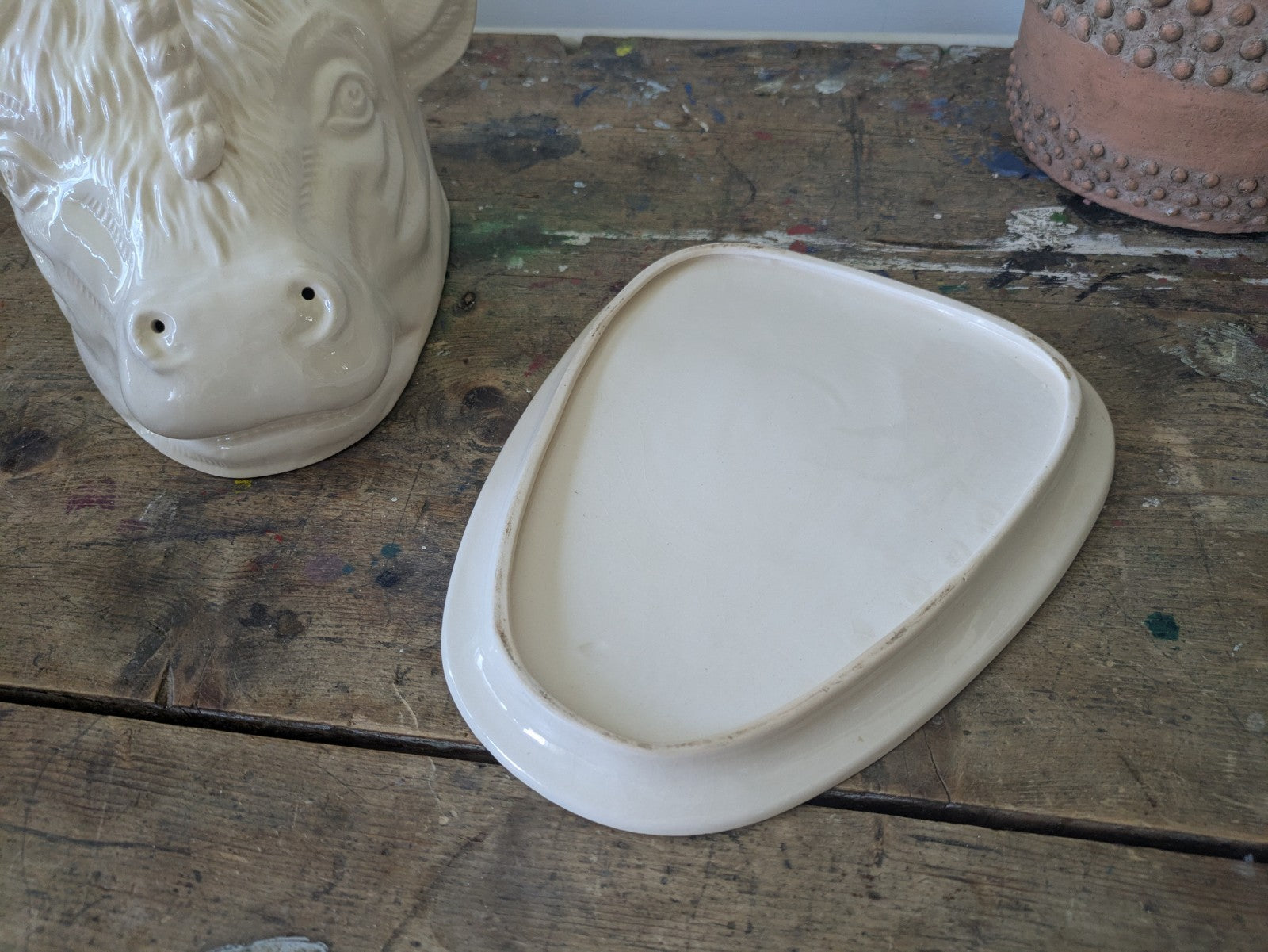 Rare Bull Head Cheese Dish Cloche With Plate Vintage Antique Cream Ceramic Old 