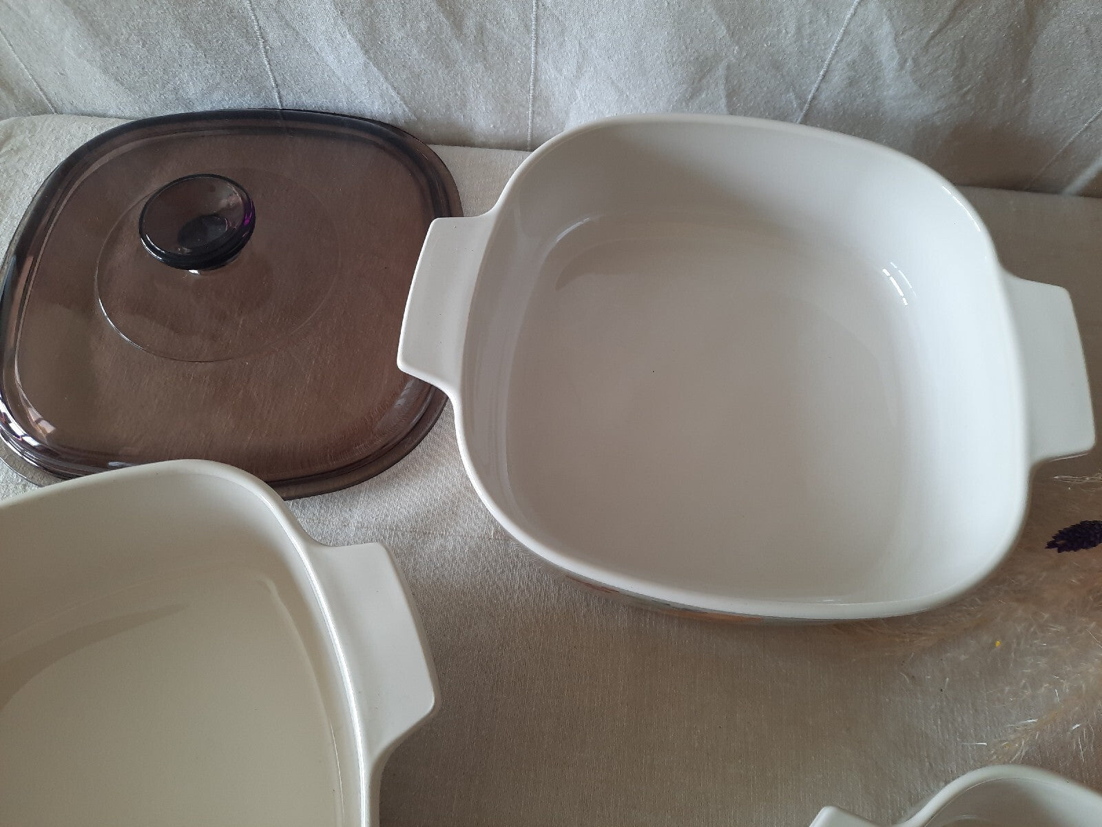 ABUNDANCE Corning Ware 6 pc Trio Casserole Dishes Amber Lid Set Rare Retro Vtg