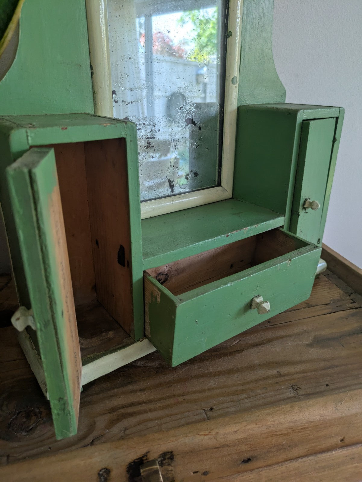 Antique Romanian Art Deco Wood Table Vanity Mirror Drawers Green Cupboard Wall