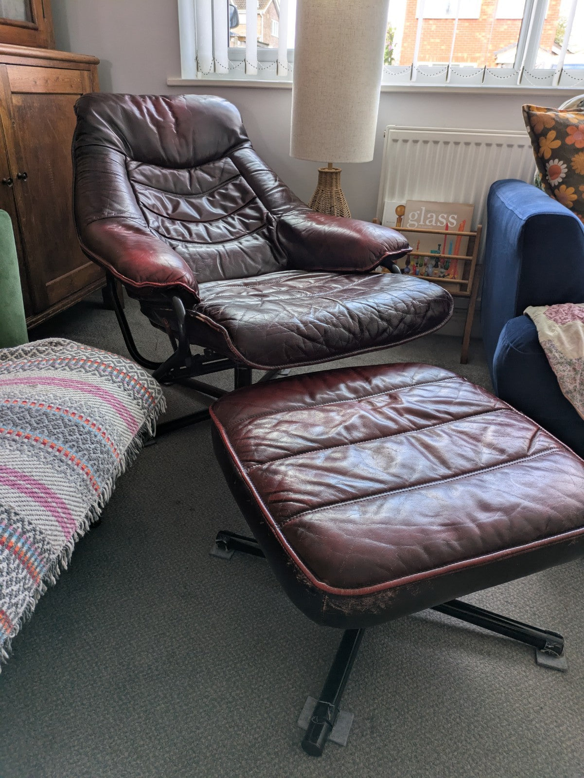 MCM Skoghaug Industries Oxblood Red Leather Swivel Recliner Armchair & Stool 60s