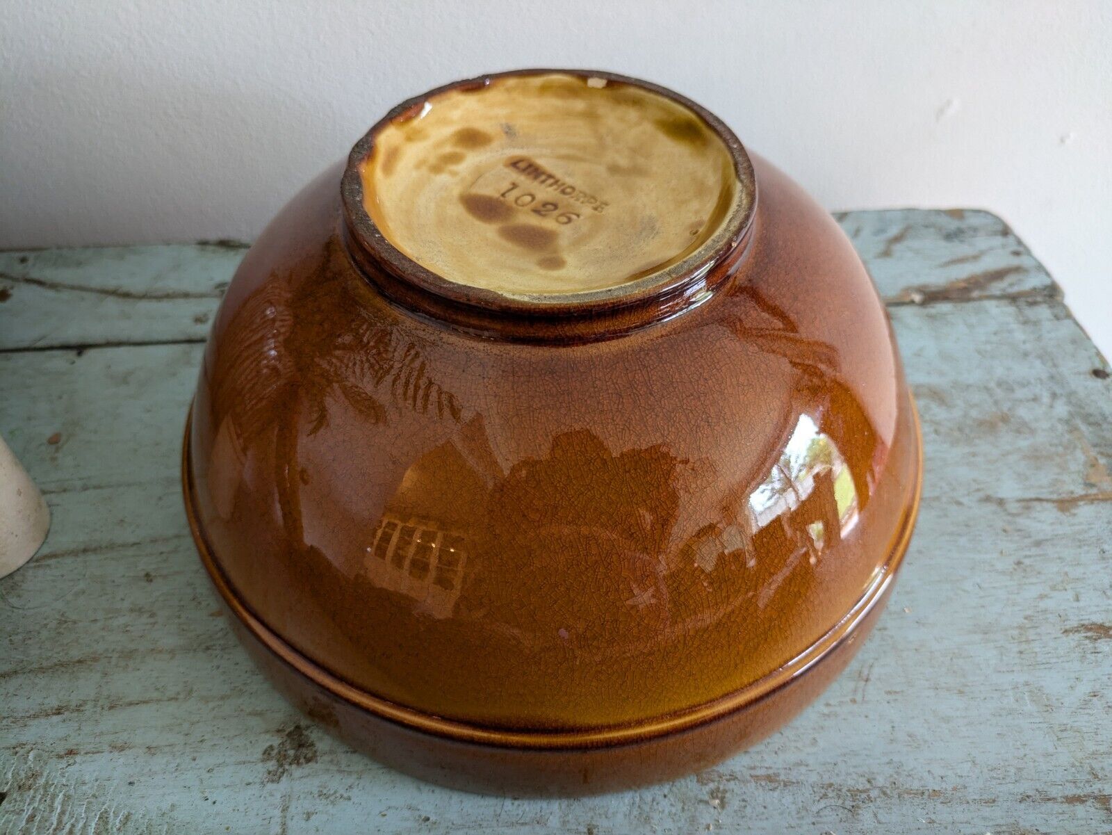 ANTIQUE LINTHORPE POTTERY CHRISTOPHER DRESSER no 1026 MUSTARD GLAZE LATTICE BOWL