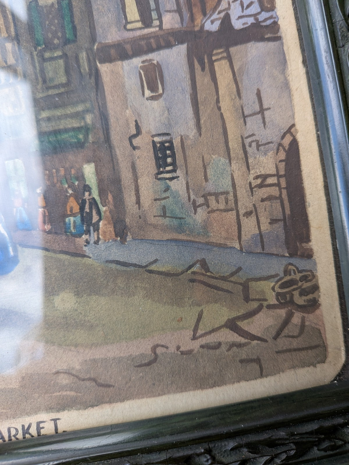 Antique Artist Signed Watercolour Old Flower Market Ornate Frame Green Original 